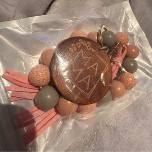Pink and Gray Beaded Keychain with Wooden MAMA Charm